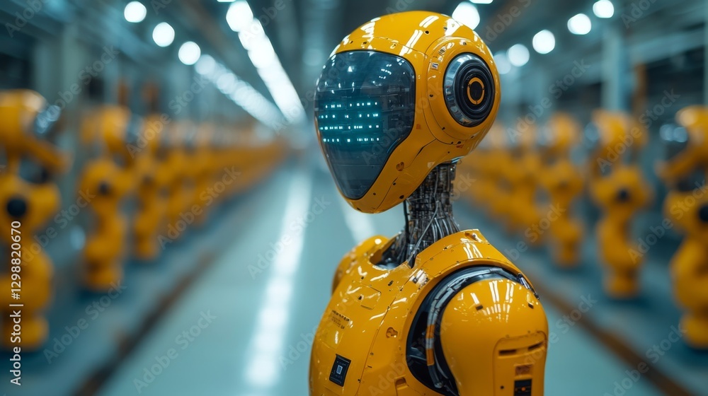 Aufkleber in a cutting-edge factory, a robotic figure stands prominently amid rows of automated machines. this
