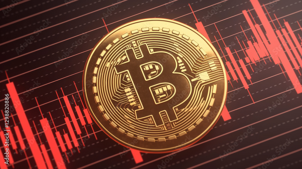 Poster bitcoin crash, crypto price drop sell-off. golden bitcoin on a digital graph with fluctuating values