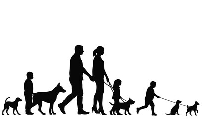 Family silhouette walking dogs on a stroll, togetherness concept