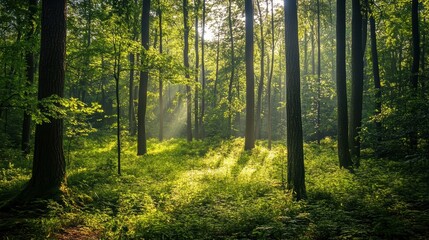 Obraz premium sunbeams in a lush green forest