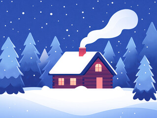 Naklejka premium Winter cabin retreat in snowy forest cozy scene night view peaceful vibe