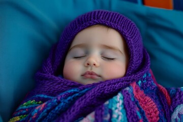 A highly detailed close-up of a sleeping newborn in a soft, knitted baby wrap inside a crib