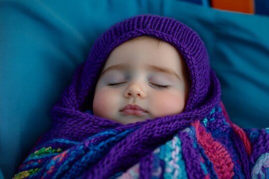A highly detailed close-up of a sleeping newborn in a soft, knitted baby wrap inside a crib