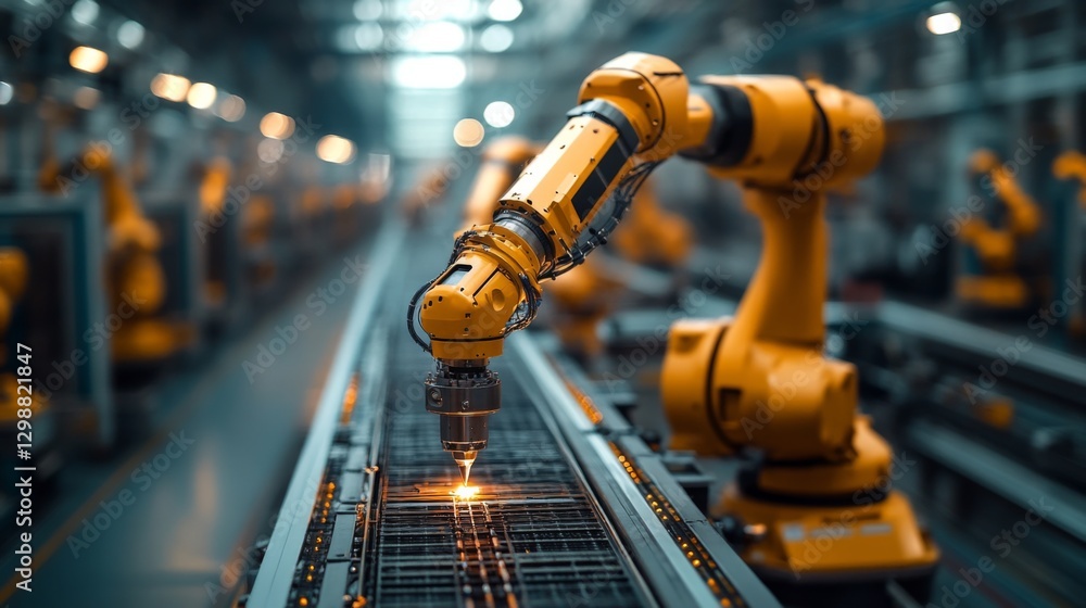 Poster Robotic arms are actively performing precision tasks on an automated conveyor system within a modern manufacturing facility, showcasing advanced engineering and AI integration.
