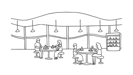 Simple Line Drawing of Café Interior with Patrons Dining
