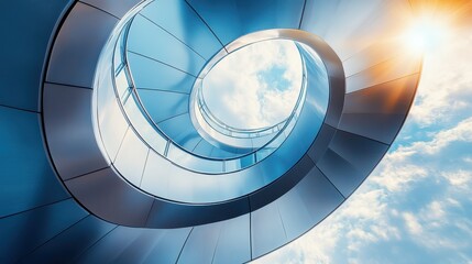 Fototapeta premium A high-tech metallic staircase spiraling into the sky, representing innovation, career advancement, and mental growth. --ar 16:9 --v 6.1 Job ID: 5620989e-e445-469a-b447-b5e43998015c