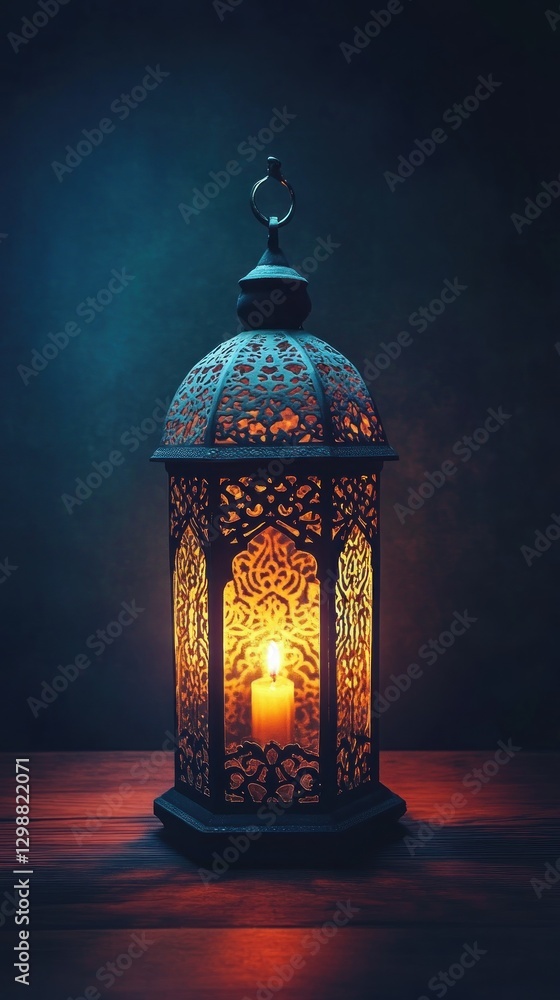 Poster a beautifully designed lantern with intricate patterns, casting a warm glow from a candle inside.