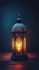 A beautifully designed lantern with intricate patterns, casting a warm glow from a candle inside.