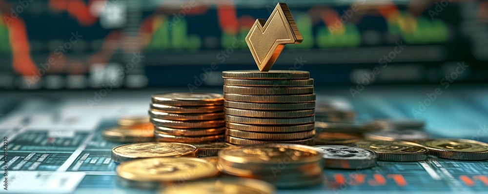 Poster gold coins stacked with financial graph symbol on data report