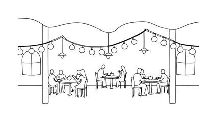 Outdoor Restaurant Patio Dining Scene with String Lights and Lanterns