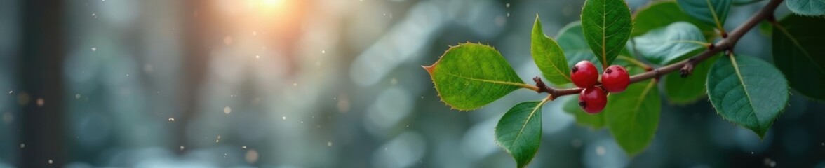 Single holly branch against a soft focus background of winter foliage, natural, holly, christmas