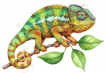 Obraz premium Colorful Chameleon Perched on a Leafy Branch - A vibrant watercolor cartoon of a chameleon showcasing intricate patterns and bright scales while resting on a green leafy branch