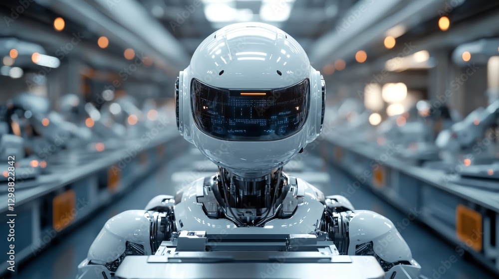 Aufkleber A sophisticated robot is positioned in a high-tech manufacturing factory, overseeing automated processes and engineering tasks. This advanced system demonstrates the integration of AI and robotics.