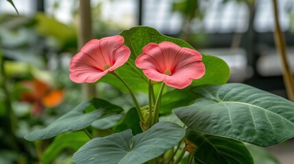 Blooming Pink Flowers with Green Leaves in a Botanical Garden Setting