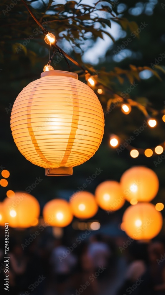 Poster a serene evening scene featuring glowing lanterns and string lights, creating a festive atmosphere.