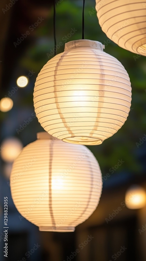 Poster A close-up of illuminated paper lanterns hanging, creating a warm and inviting atmosphere.