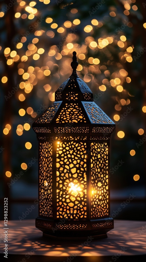 Poster a beautifully designed lantern casting warm light against a backdrop of soft bokeh.