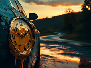 melting clock on the side of an empty car