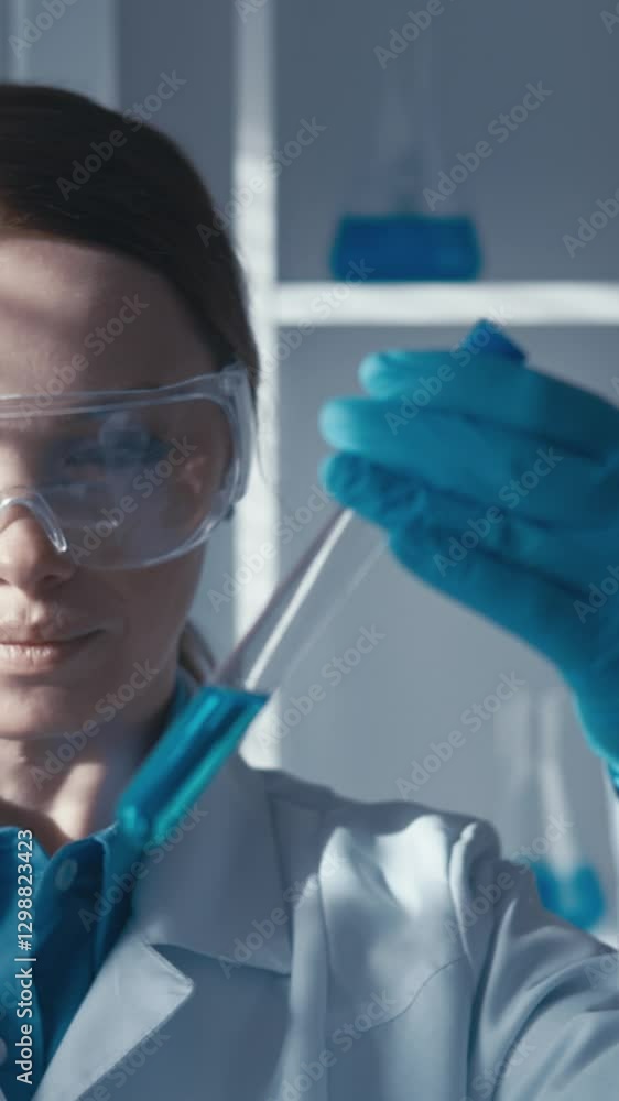 Poster In a laboratory, a skilled scientist analyzes chemical solutions in test tubes, providing insights that advance scientific knowledge and enhance understanding of complex concepts and processes