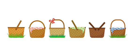 Easter picnic basket icon, straw hamper on grass, empty bag set with bow isolated on white background. Spring vector illustration
