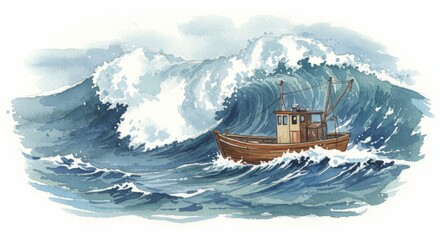 A Small Fishing Boat Battles Large Waves in a Stormy Sea - This watercolor cartoon depicts a small fishing vessel navigating through massive waves, symbolizing determination, struggle, nature's power
