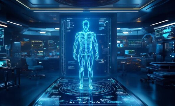 Futuristic medical bay displaying human anatomy on a transparent monitor, surrounded by advanced technology screens and equipment, suggesting a spaceship or laboratory setting