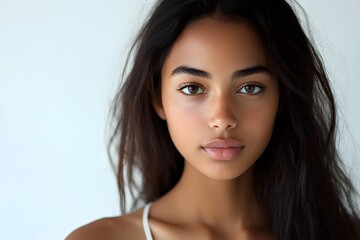 Obraz premium Confident young woman stands on a white background and looks directly into the camera