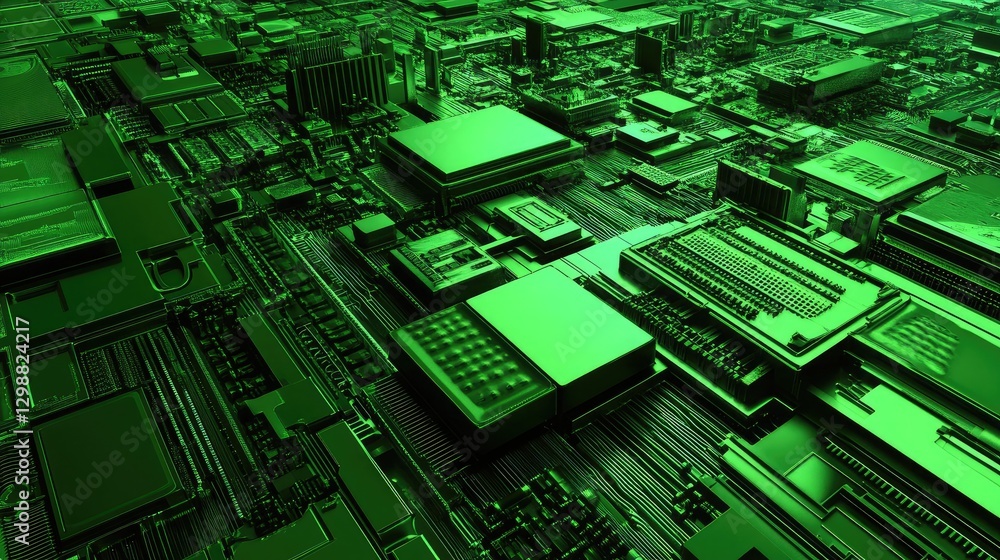 Poster an abstract fractal design in shades of green, forming complex patterns and shapes, perfect for futu