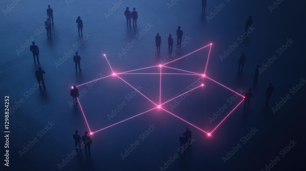 Poster aerial view of conceptual human network visualization with individuals linked by bright neon lines o