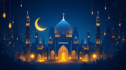 Illuminated Mosque at Night, Eid Celebration