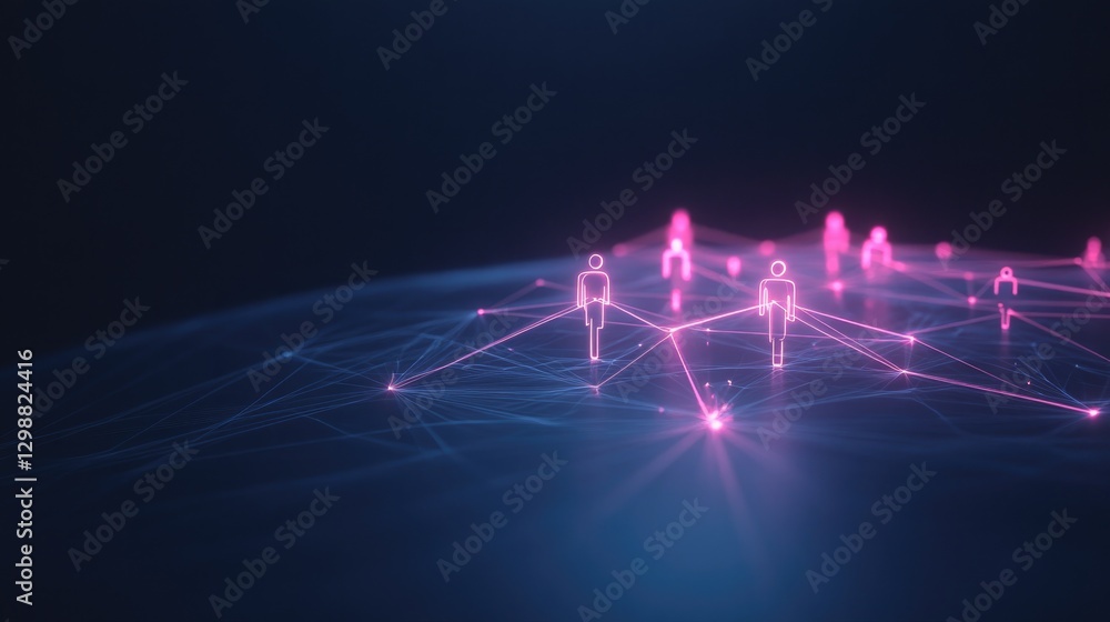 Poster aerial view of conceptual human network visualization with individuals linked by bright neon lines o