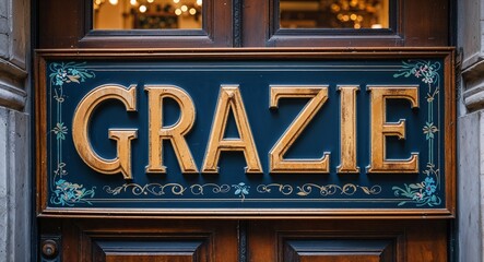 grazie lettering on a signage in door background