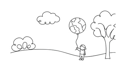 A child holds a globeshaped balloon in a simple line drawing. Trees, clouds, and a hill form a peaceful nature scene. The image symbolizes environmental care and hope for the future.