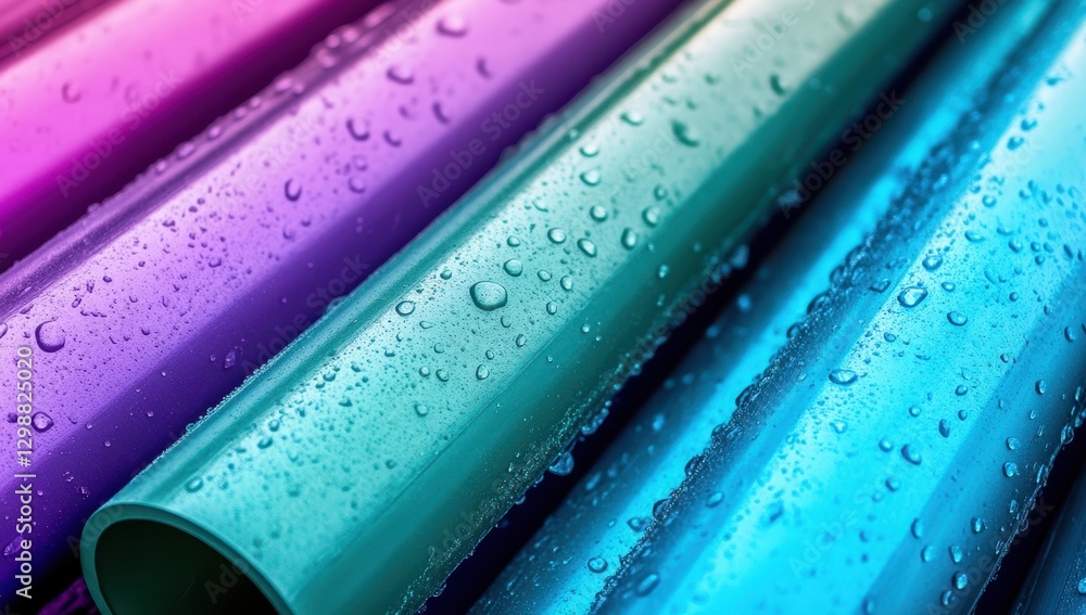 Poster Vibrant Colorful Tubes with Water Droplets Creating a Striking Abstract Composition for Creative and Design Projects