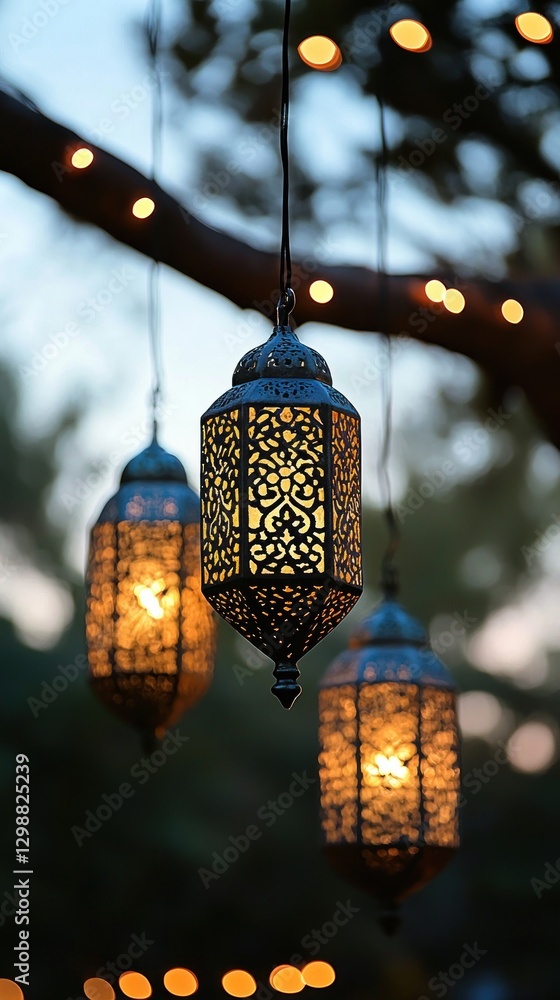 Poster three ornate lanterns hanging from a tree, illuminated against a twilight backdrop.