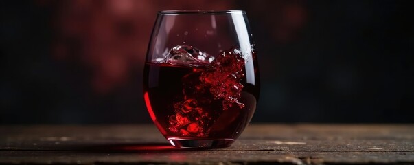 Glass filled with deep red wine slowly losing its shape, flow, glass
