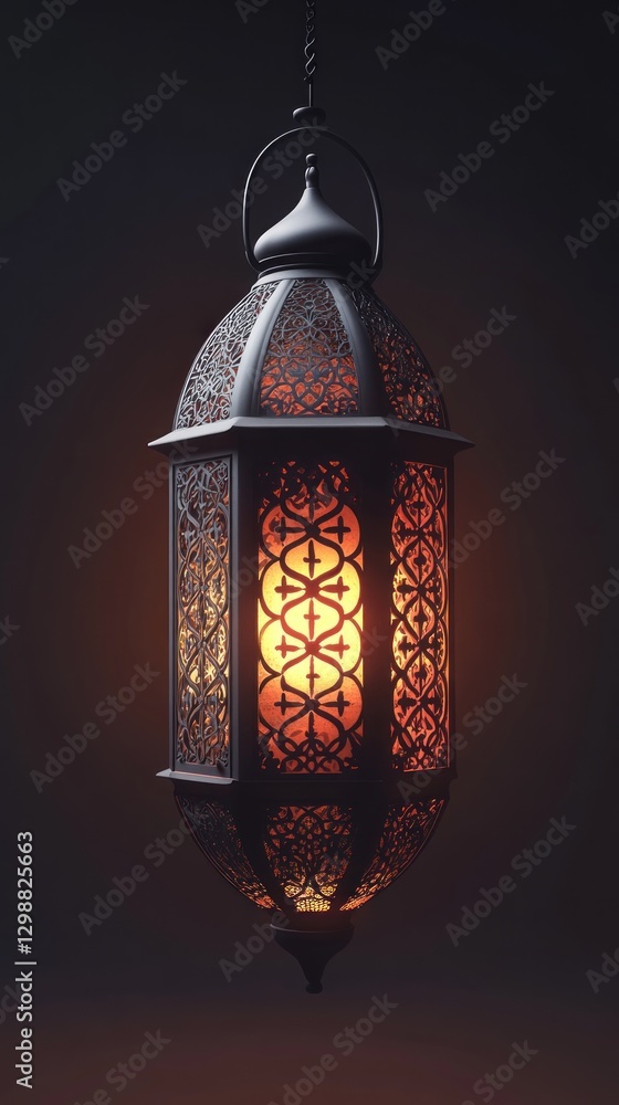 Poster a decorative lantern with intricate patterns, glowing warmly in a dark setting.