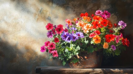 vibrant colorful flowers in rustic pot