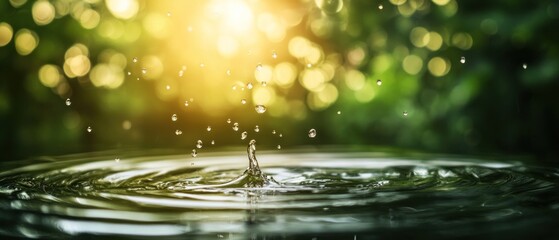 Water Droplet Splashing in a Pool with a Green Bokeh Background