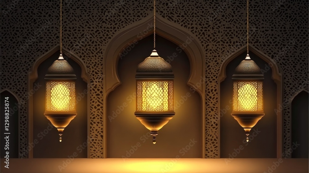 Poster three ornate lanterns illuminate a textured wall, creating a warm and inviting atmosphere.