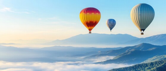 Obraz premium Three Hot Air Balloons Soaring Over Misty Mountains