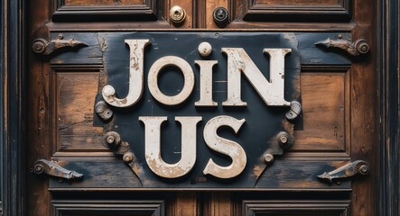 join us lettering on a signage in door background