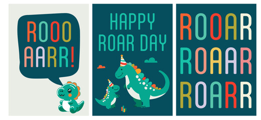 Fototapeta premium Adorable Dino Family Celebration – A Playful, Colorful Poster Collection for Kids’ Parties and Dinosaur-Themed Events