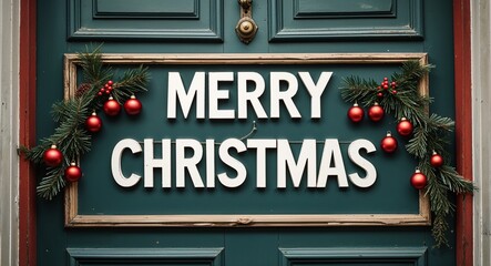 merry christmas lettering on a signage in door background