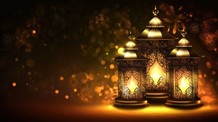 Three ornate lanterns glowing softly against a dark, sparkling background.