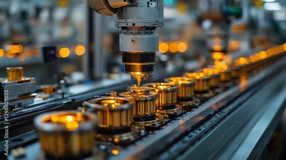 Aufkleber High-tech automation in action as precision robotics work on components along a conveyor belt in an industrial facility. The vibrant lighting highlights the efficiency of the process.