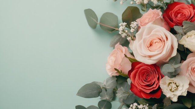 aerial view of floral arrangement with seamless blend of red and pink roses creating and luxurious aesthetic
