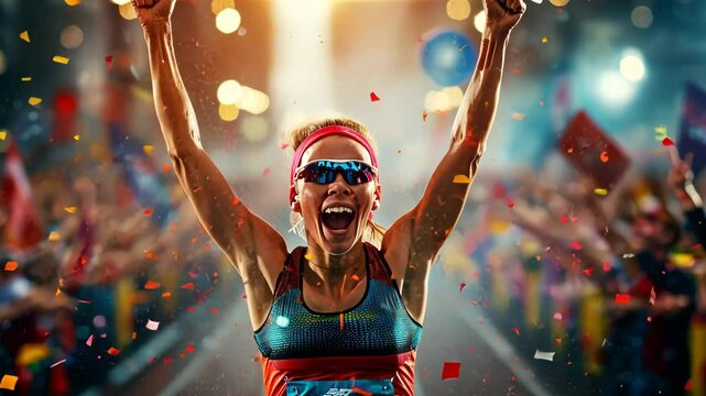 Sprint to Victory: A triumphant female runner, bathed in golden light, crosses the finish line arms raised, amidst a vibrant shower of confetti and the cheers of a jubilant crowd.