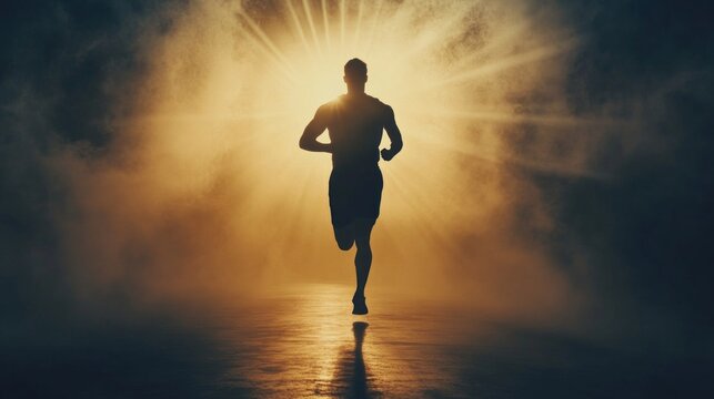 A spirited runner charges forward into a glowing light surrounded by mist, symbolizing perseverance and strength. The vibrant backdrop creates an atmosphere of hope and determination