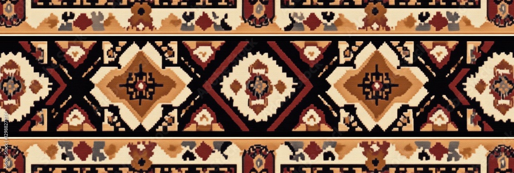 Poster traditional geometric rug pattern showcasing intricate designs with rich colors and textures in a wo